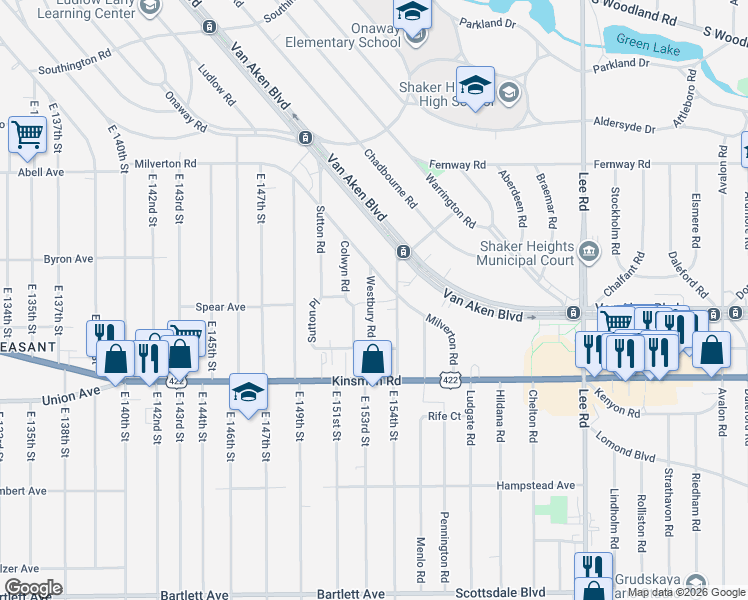 map of restaurants, bars, coffee shops, grocery stores, and more near 3386 Westbury Road in Shaker Heights