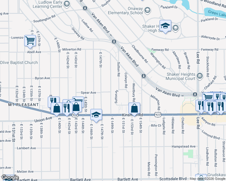 map of restaurants, bars, coffee shops, grocery stores, and more near 3386 East 149th Street in Cleveland