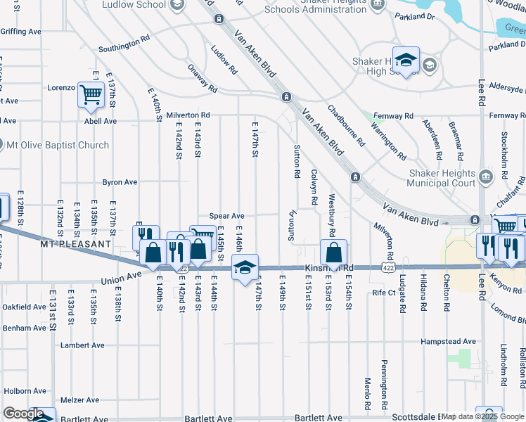 map of restaurants, bars, coffee shops, grocery stores, and more near 3384 East 147th Street in Cleveland