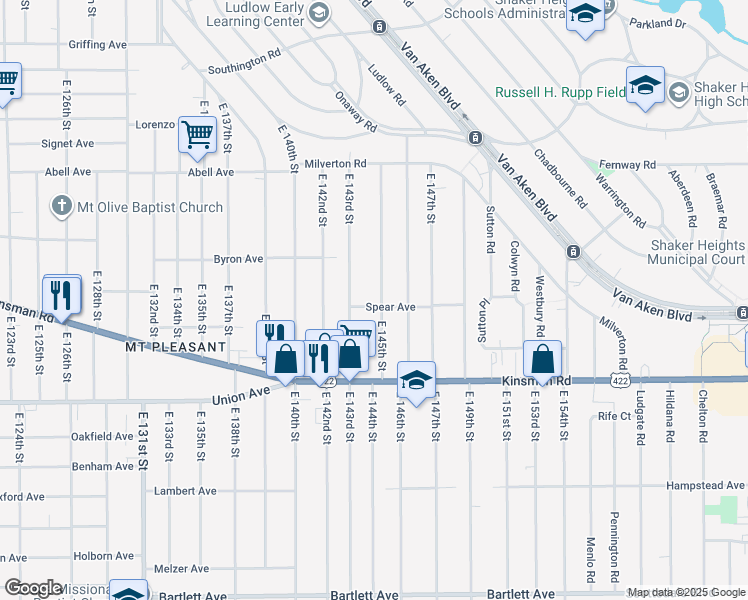 map of restaurants, bars, coffee shops, grocery stores, and more near 3381 East 143rd Street in Cleveland