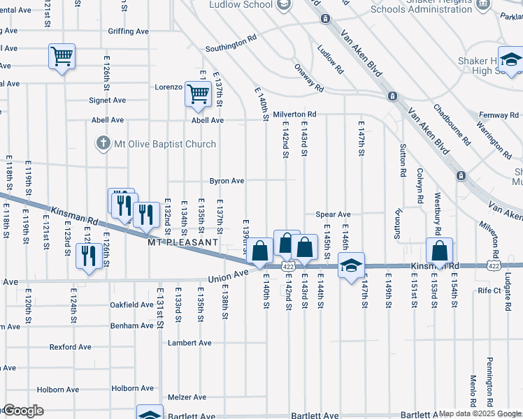 map of restaurants, bars, coffee shops, grocery stores, and more near 3390 East 140th Street in Cleveland