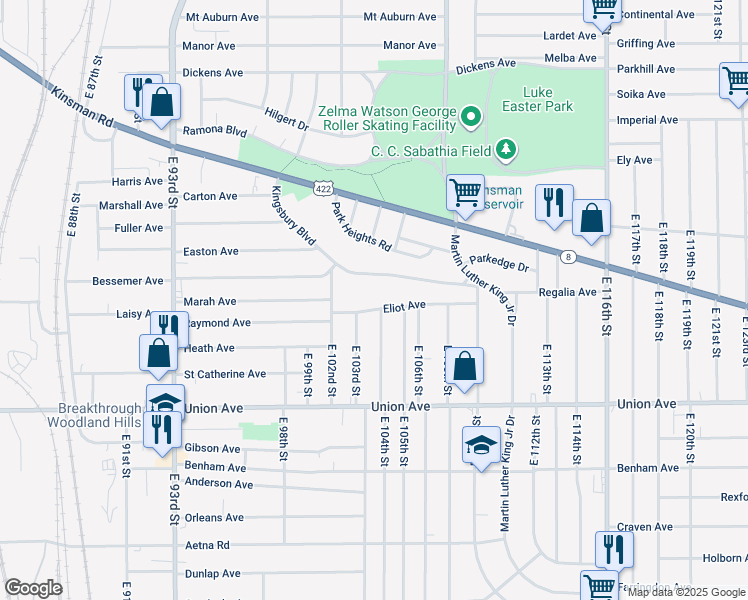 map of restaurants, bars, coffee shops, grocery stores, and more near 10227 Eliot Avenue in Cleveland