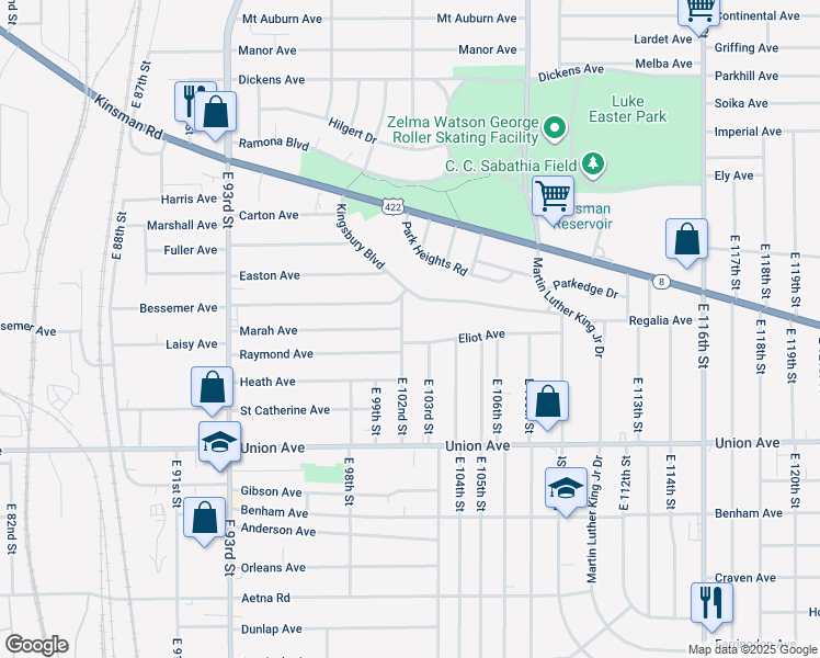 map of restaurants, bars, coffee shops, grocery stores, and more near 3348 East 102nd Street in Cleveland