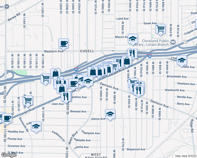 map of restaurants, bars, coffee shops, grocery stores, and more near in Cleveland