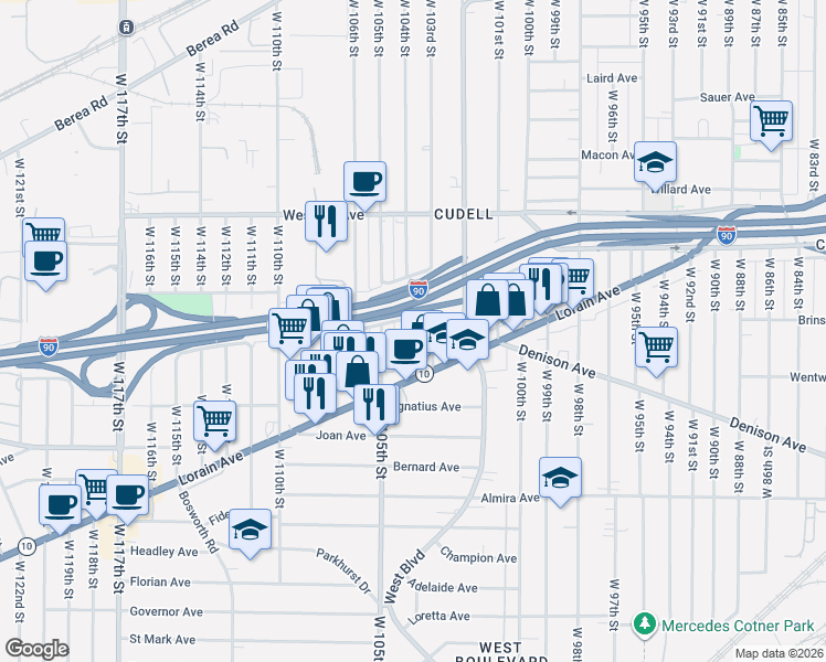 map of restaurants, bars, coffee shops, grocery stores, and more near 3131 West 104th Street in Cleveland