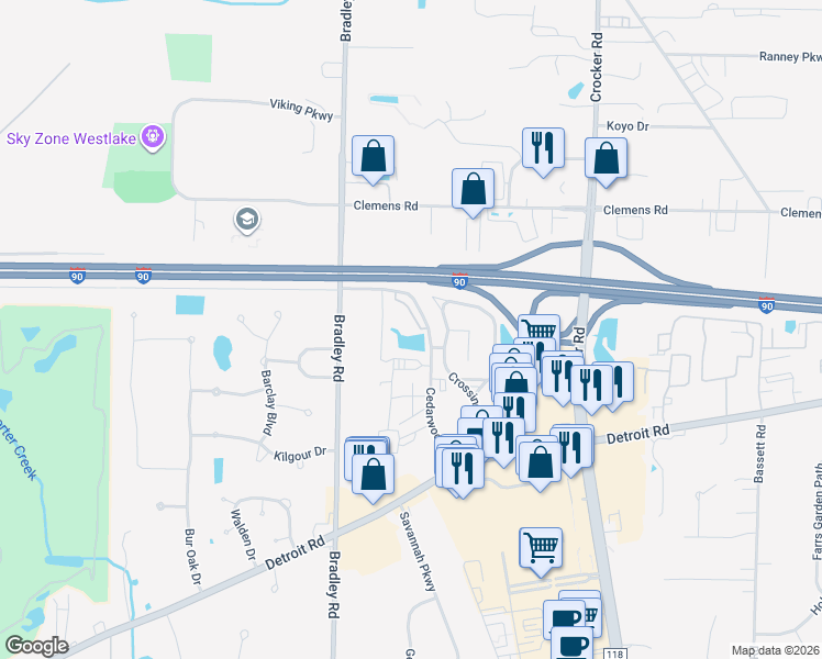 map of restaurants, bars, coffee shops, grocery stores, and more near 1310 Crossings Parkway in Westlake