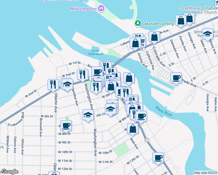 map of restaurants, bars, coffee shops, grocery stores, and more near 383 Broadway in Lorain