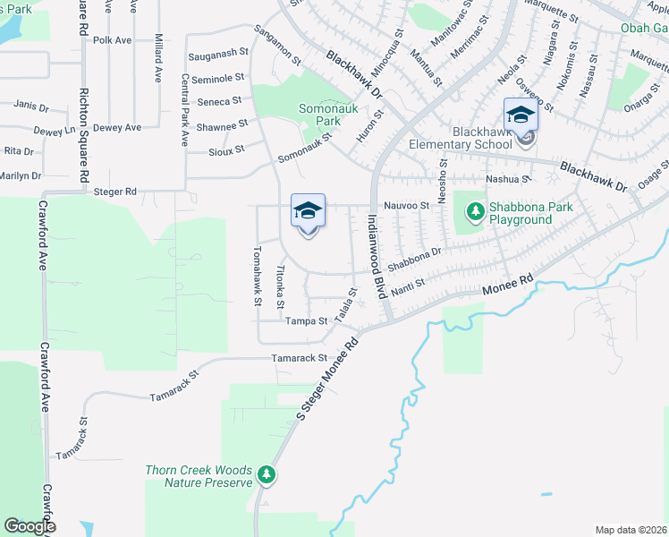 map of restaurants, bars, coffee shops, grocery stores, and more near 214 Shabbona Drive in Park Forest