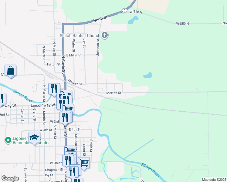 map of restaurants, bars, coffee shops, grocery stores, and more near 513 Mercer Street in Ligonier