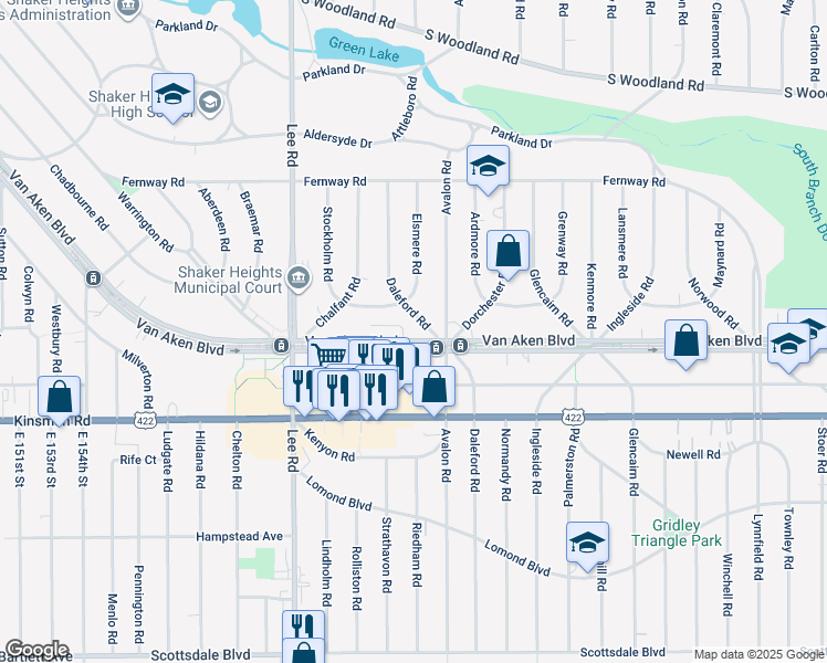 map of restaurants, bars, coffee shops, grocery stores, and more near 17010 Holbrook Road in Shaker Heights