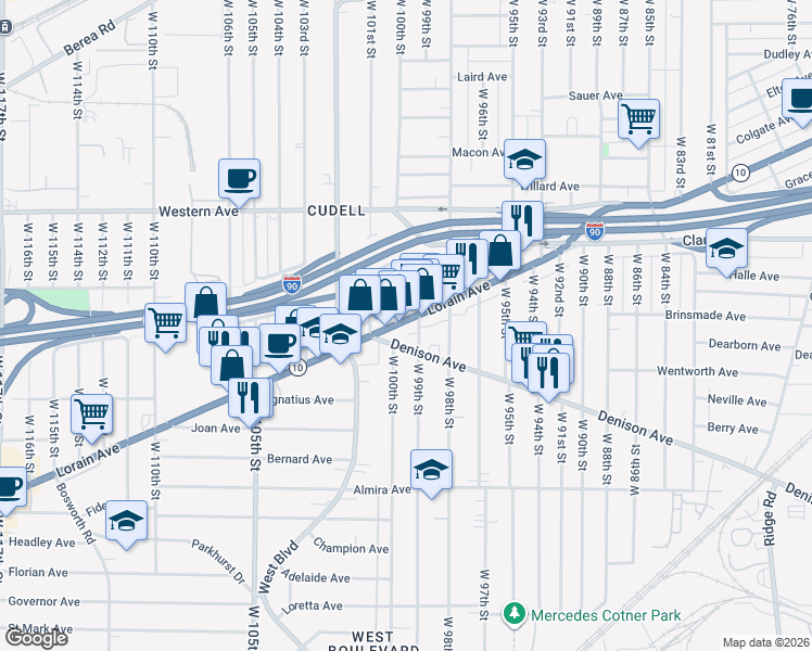 map of restaurants, bars, coffee shops, grocery stores, and more near 9915 Lorain Avenue in Cleveland