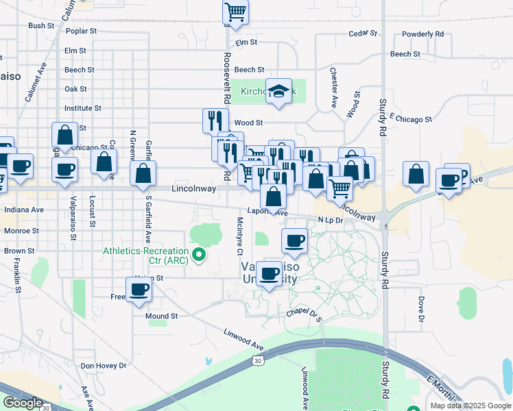 map of restaurants, bars, coffee shops, grocery stores, and more near 1240 East Lincolnway in Valparaiso