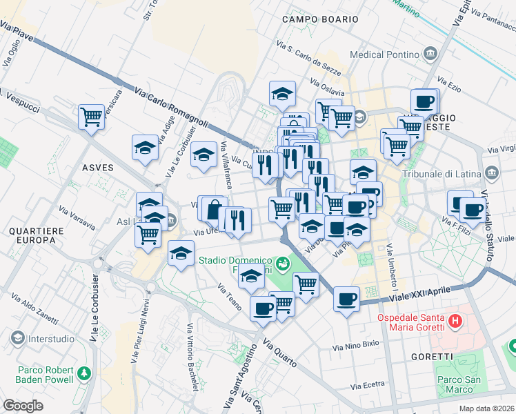 map of restaurants, bars, coffee shops, grocery stores, and more near 25 Via Montebello in Latina