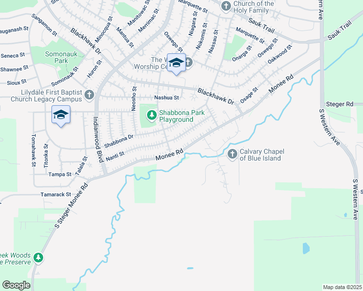 map of restaurants, bars, coffee shops, grocery stores, and more near 130 Monee Road in Park Forest