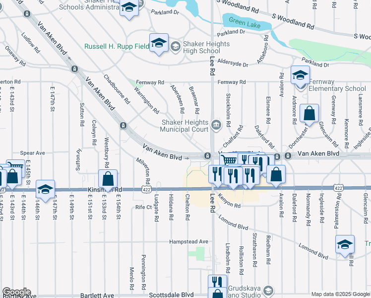 map of restaurants, bars, coffee shops, grocery stores, and more near 16211 Van Aken Boulevard in Shaker Heights