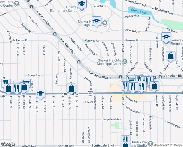 map of restaurants, bars, coffee shops, grocery stores, and more near 15825 Van Aken Boulevard in Shaker Heights