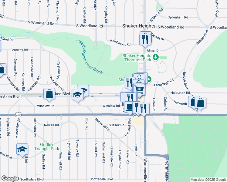 map of restaurants, bars, coffee shops, grocery stores, and more near 19901 Van Aken Boulevard in Shaker Heights