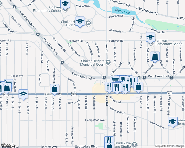 map of restaurants, bars, coffee shops, grocery stores, and more near 16211 Van Aken Boulevard in Shaker Heights