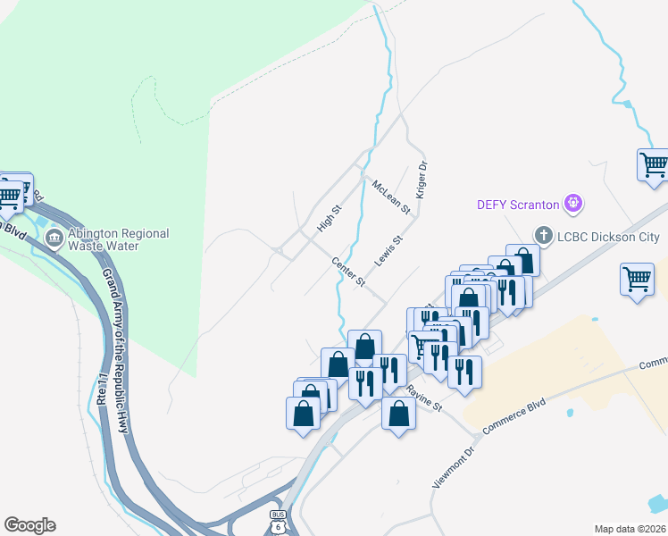 map of restaurants, bars, coffee shops, grocery stores, and more near 516 Center Street in Scranton