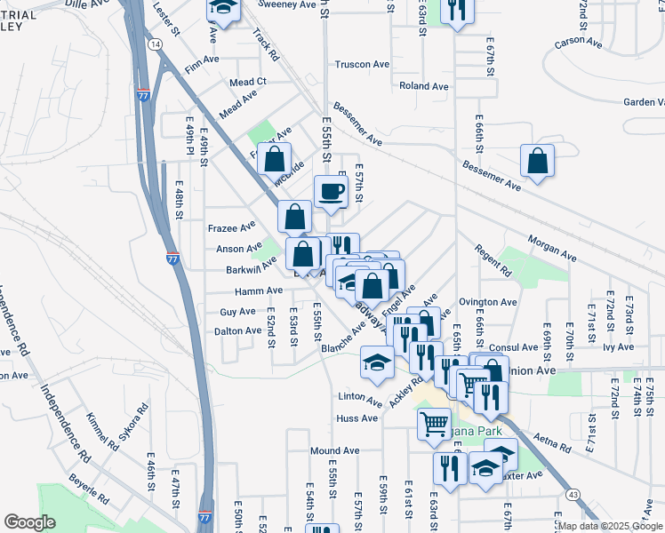 map of restaurants, bars, coffee shops, grocery stores, and more near in Cleveland