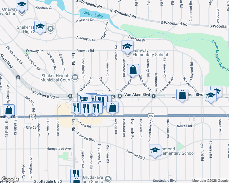 map of restaurants, bars, coffee shops, grocery stores, and more near 3388 Avalon Road in Shaker Heights