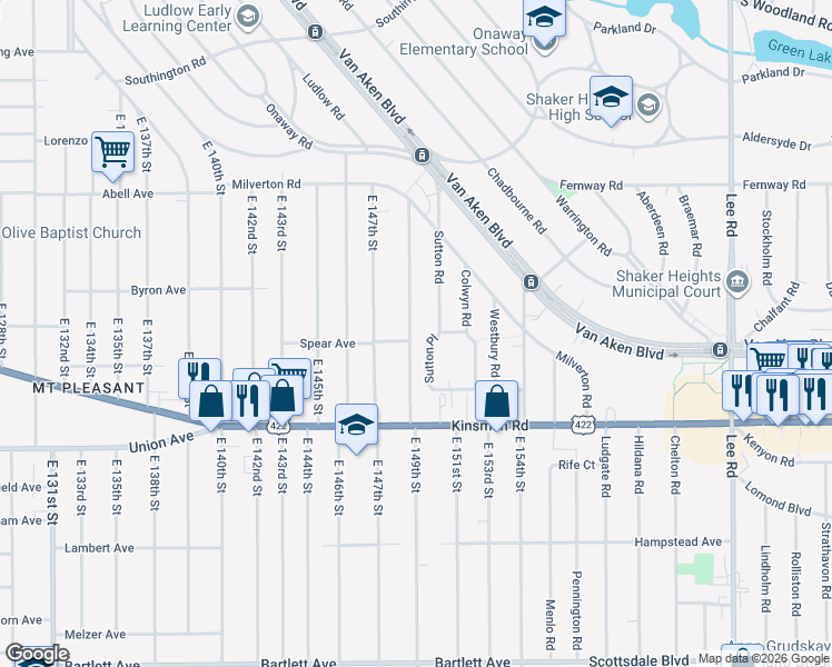 map of restaurants, bars, coffee shops, grocery stores, and more near 3386 East 149th Street in Cleveland