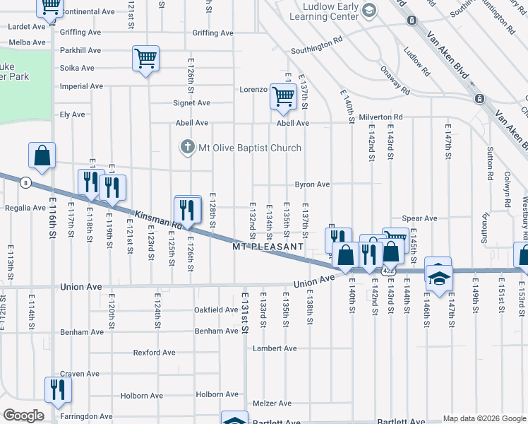map of restaurants, bars, coffee shops, grocery stores, and more near 3363 East 134th Street in Cleveland