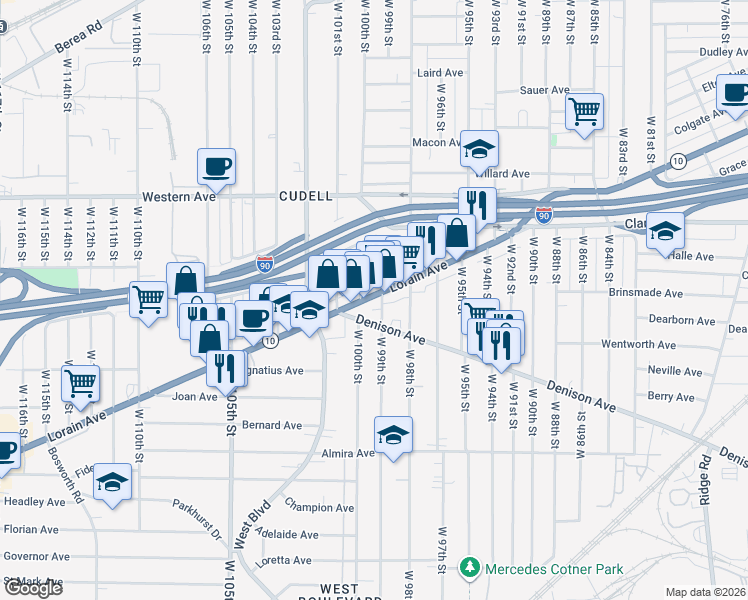 map of restaurants, bars, coffee shops, grocery stores, and more near in Cleveland