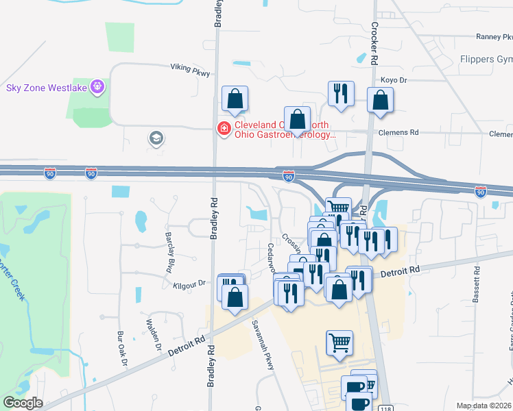 map of restaurants, bars, coffee shops, grocery stores, and more near 1330 Cedarwood Drive in Westlake