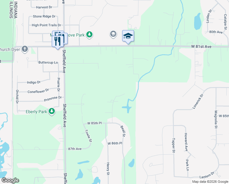 map of restaurants, bars, coffee shops, grocery stores, and more near 8402 Torrence St in Dyer