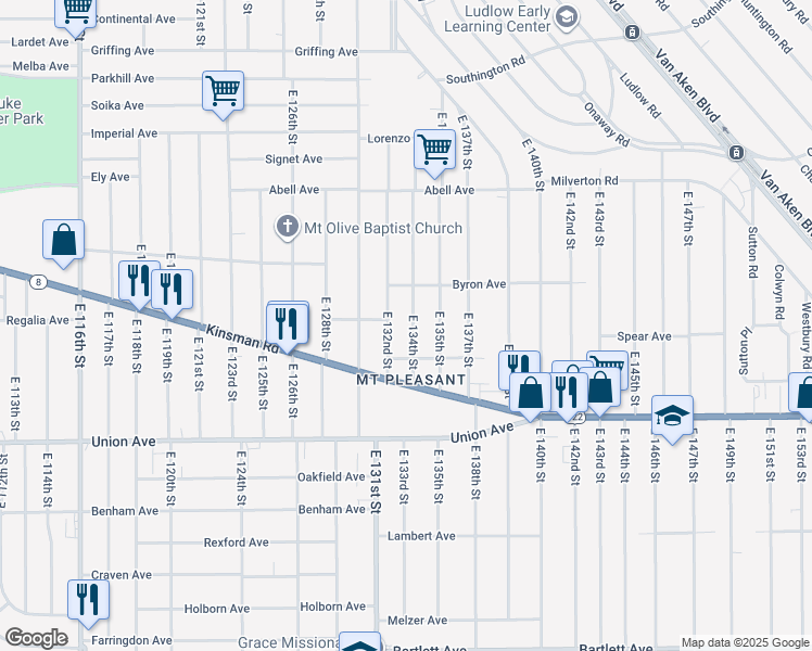 map of restaurants, bars, coffee shops, grocery stores, and more near 3363 East 134th Street in Cleveland