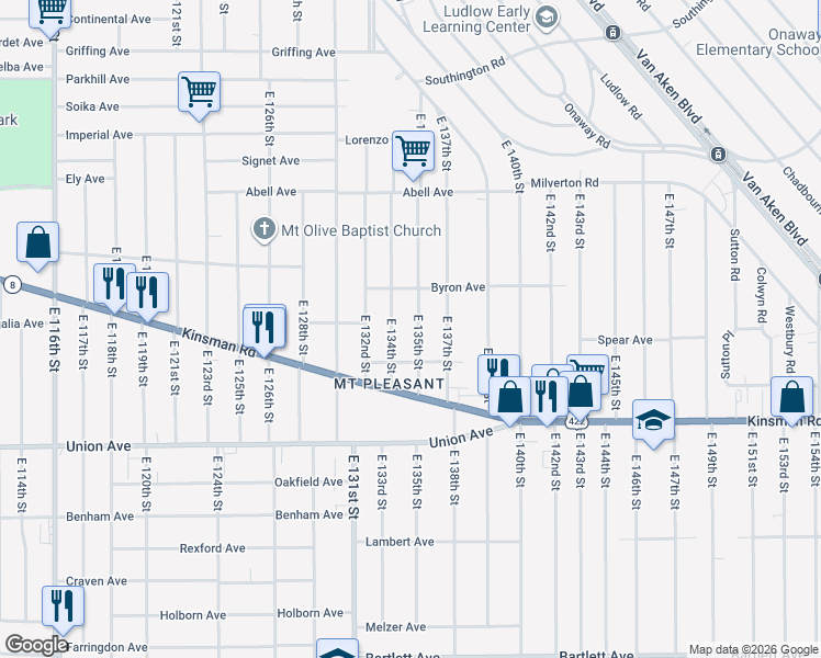 map of restaurants, bars, coffee shops, grocery stores, and more near 3363 East 134th Street in Cleveland