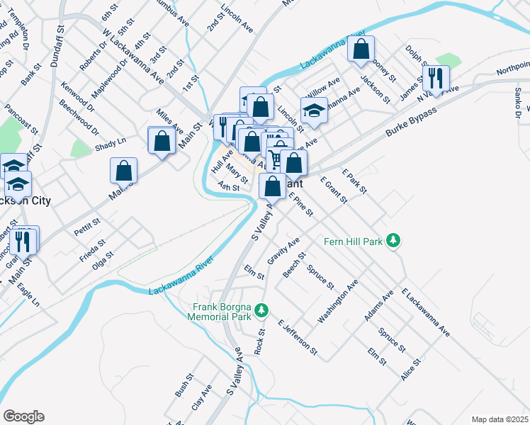 map of restaurants, bars, coffee shops, grocery stores, and more near 127 South Garfield Street in Olyphant