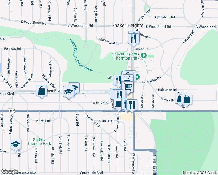 map of restaurants, bars, coffee shops, grocery stores, and more near 19901 Van Aken Boulevard in Shaker Heights