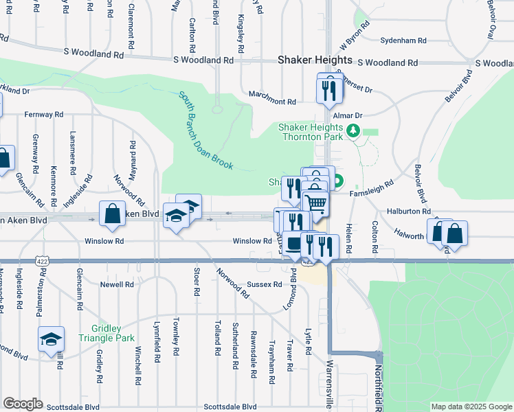 map of restaurants, bars, coffee shops, grocery stores, and more near 19901 Van Aken Boulevard in Shaker Heights