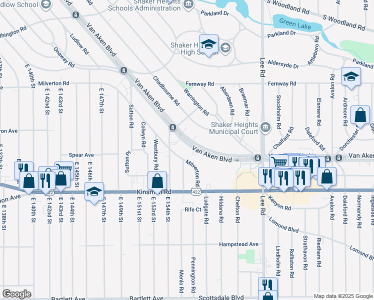 map of restaurants, bars, coffee shops, grocery stores, and more near 15700 Van Aken Boulevard in Shaker Heights