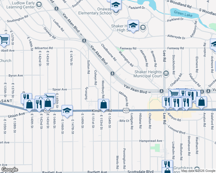 map of restaurants, bars, coffee shops, grocery stores, and more near 3374 Ashby Road in Shaker Heights
