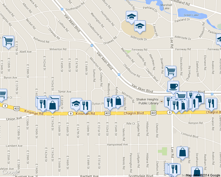 map of restaurants, bars, coffee shops, grocery stores, and more near 3386 Westbury Road in Shaker Heights