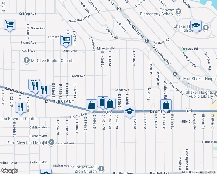 map of restaurants, bars, coffee shops, grocery stores, and more near 3385 East 143rd Street in Cleveland