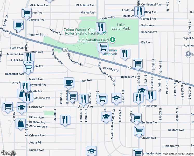 map of restaurants, bars, coffee shops, grocery stores, and more near 10701 Kingsbury Boulevard in Cleveland