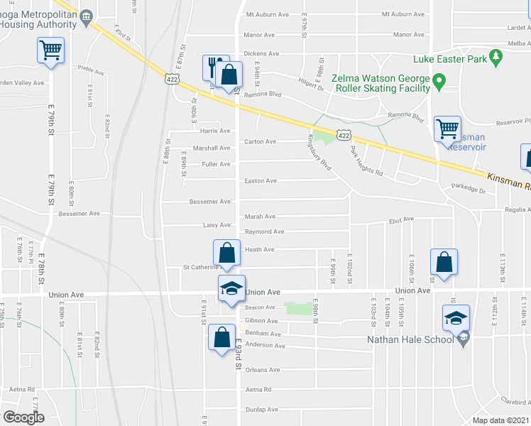 map of restaurants, bars, coffee shops, grocery stores, and more near 9502 Bessemer Avenue in Cleveland