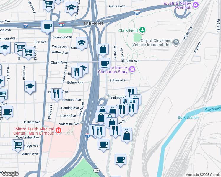 map of restaurants, bars, coffee shops, grocery stores, and more near 1288 Holmden Avenue in Cleveland