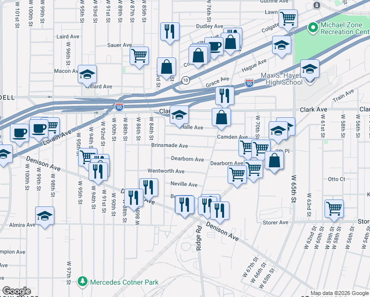 map of restaurants, bars, coffee shops, grocery stores, and more near 7712 Brinsmade Avenue in Cleveland