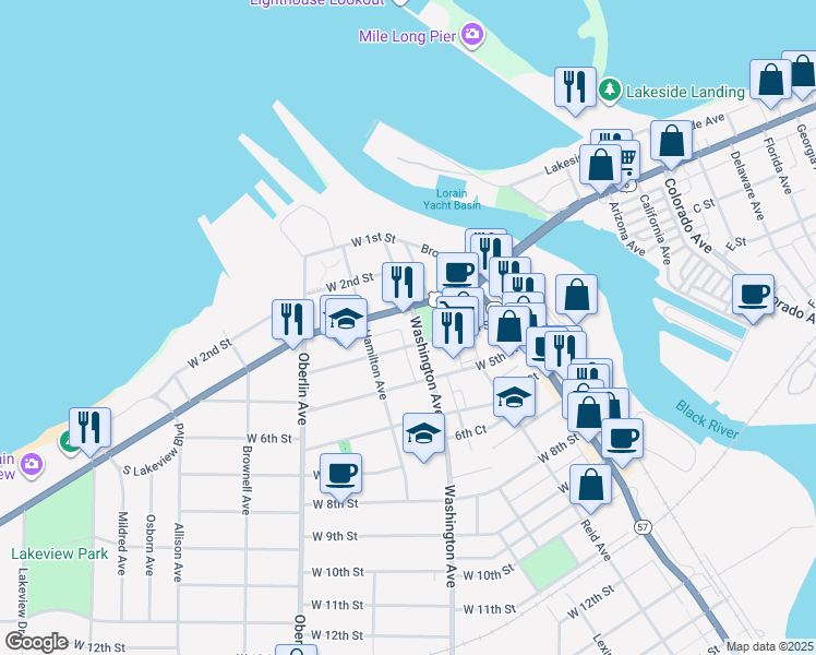 map of restaurants, bars, coffee shops, grocery stores, and more near 300 Washington Avenue in Lorain