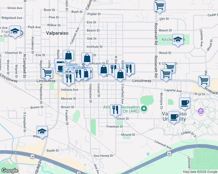 map of restaurants, bars, coffee shops, grocery stores, and more near 54 College Avenue in Valparaiso