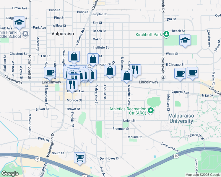 map of restaurants, bars, coffee shops, grocery stores, and more near 54 College Avenue in Valparaiso