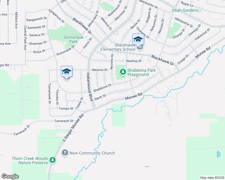 map of restaurants, bars, coffee shops, grocery stores, and more near 165 Shabbona Drive in Park Forest