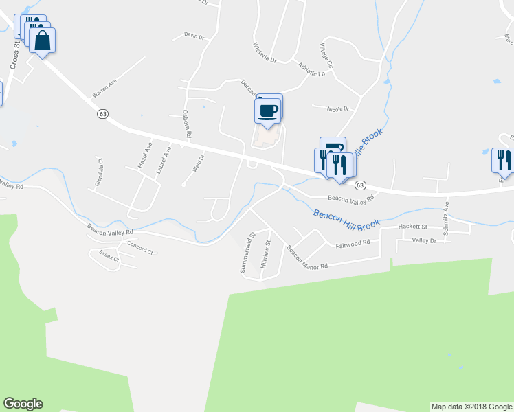 map of restaurants, bars, coffee shops, grocery stores, and more near 701 Beacon Valley Road in Naugatuck
