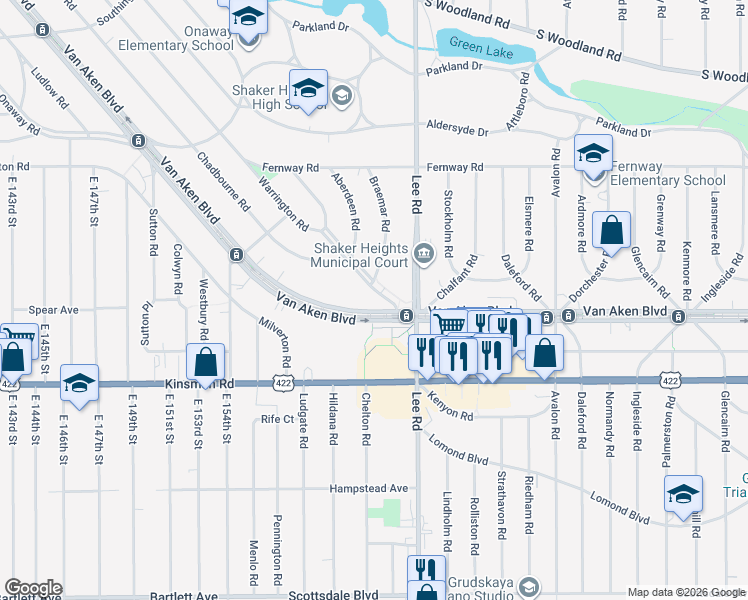 map of restaurants, bars, coffee shops, grocery stores, and more near 3382 Clayton Boulevard in Shaker Heights