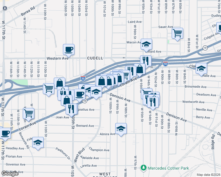 map of restaurants, bars, coffee shops, grocery stores, and more near in Cleveland